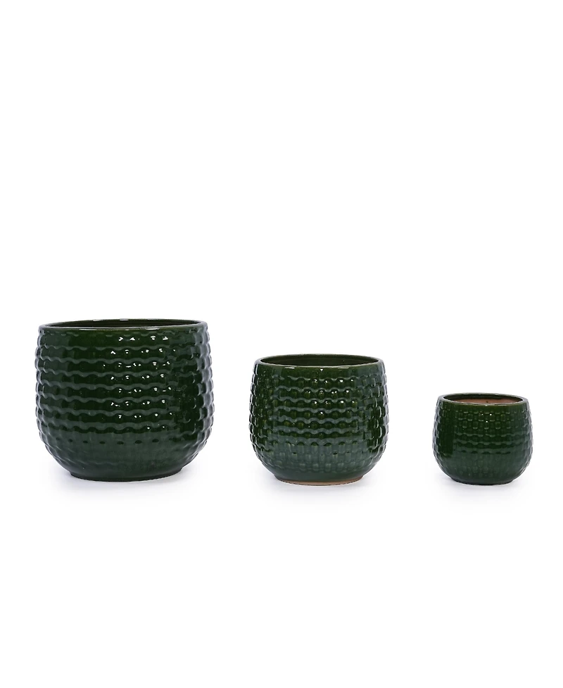 Clihome Handmade Glazed Ceramic Planter Set of 3, Diamond Pattern,for Outdoor Garden & Indoor StaircaseUse,Terracotta