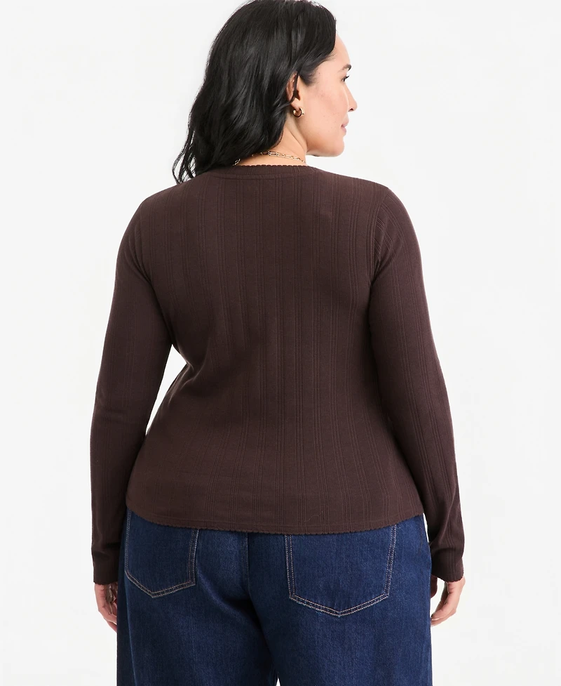 On 34th Plus Meet & Greet Pointelle Rib-Knit Jacquard Long-Sleeve Top, Macy's Exclusive