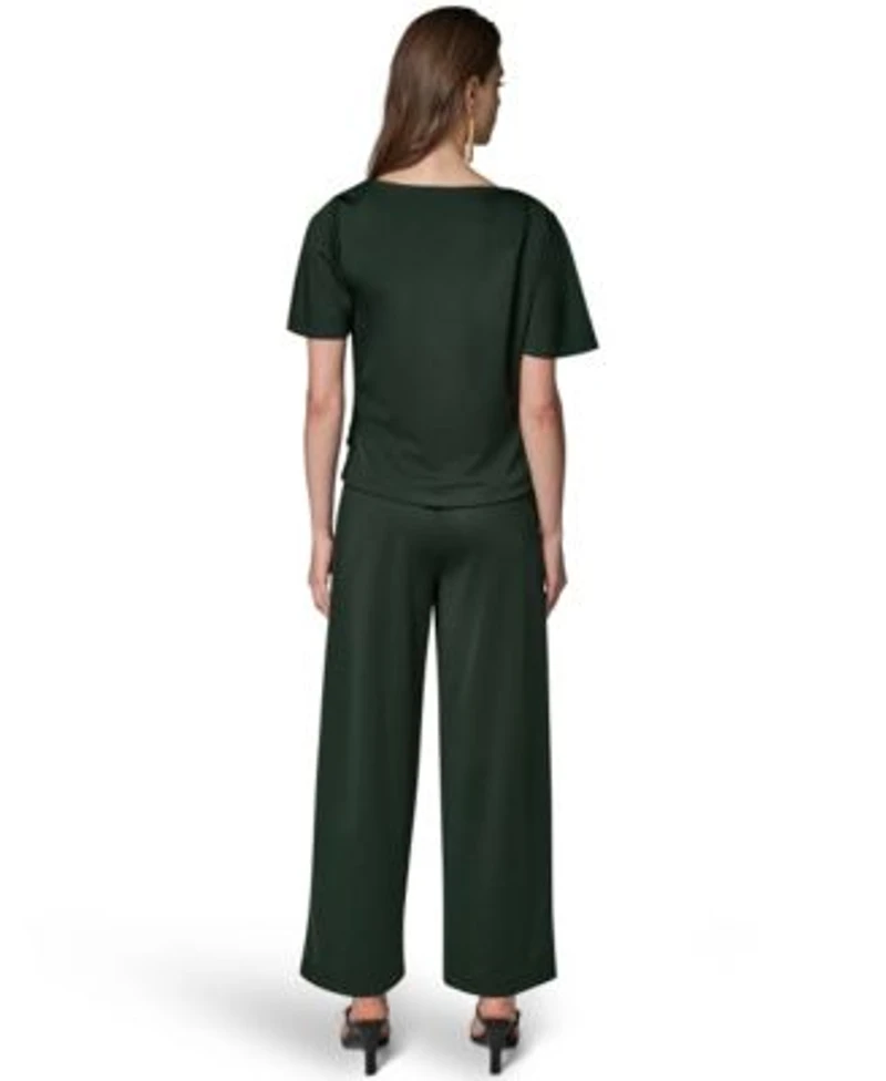 Donna Karan New York Womens Ruched Side Short Sleeve Top Wide Leg Pull On Pants
