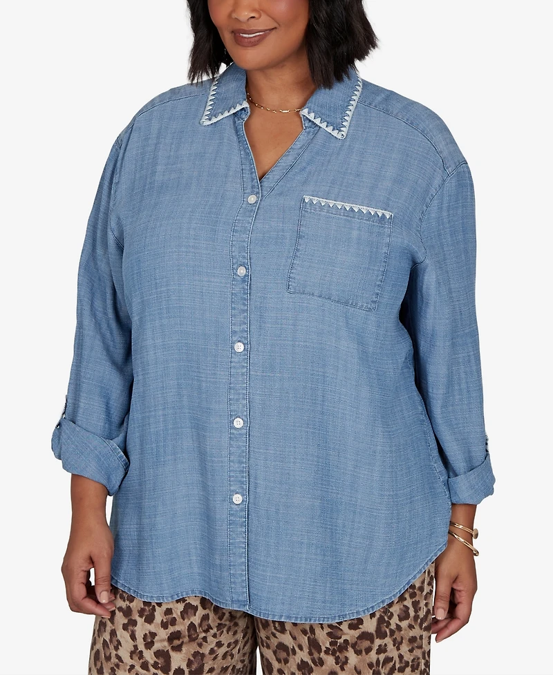 Ruby Rd. Plus Crochet Trim Soft Button Front Top