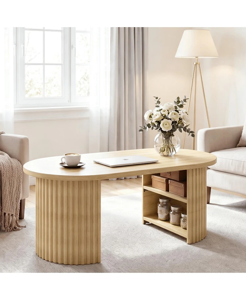 gaomon 39" Oval Fluted Coffee Table, Farmhouse Wood Coffee Table Mid Century Modern Center Table Boho Living Room Tables for Living Room, Home Office