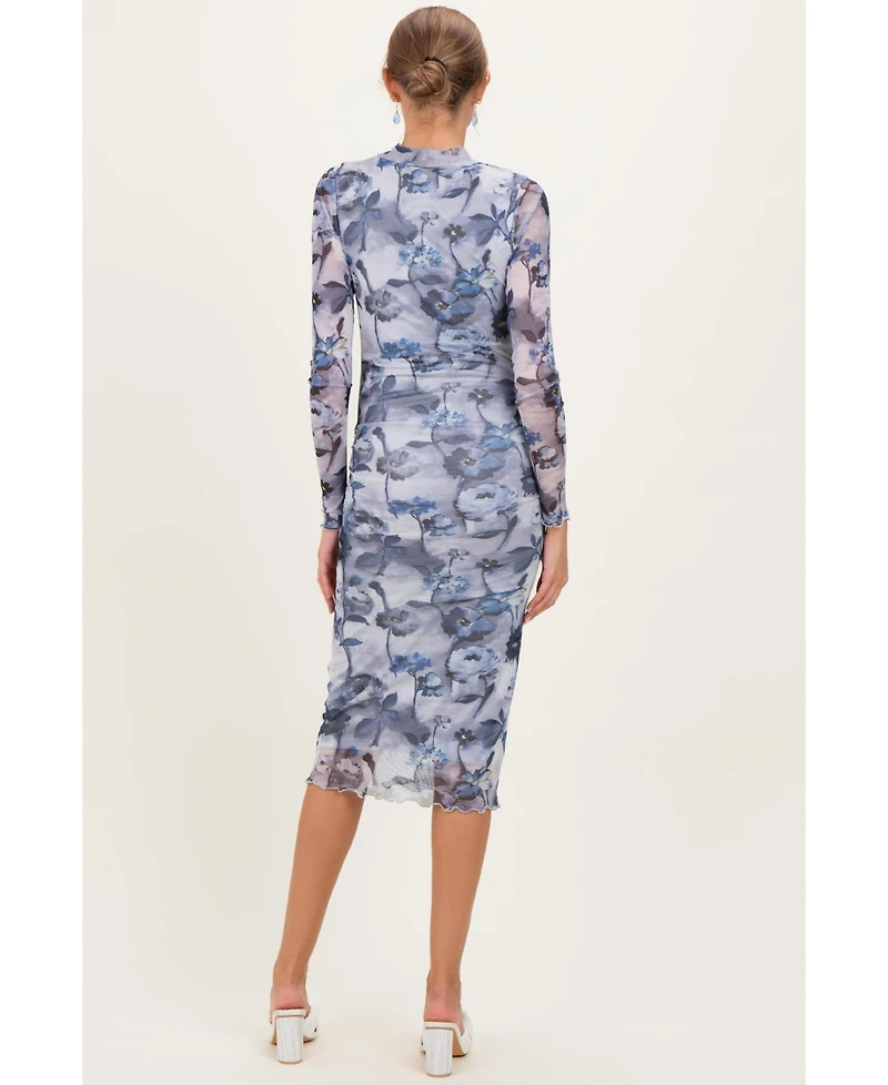 Pinkblush Women's Blue Floral Mesh Long Sleeve Midi Dress