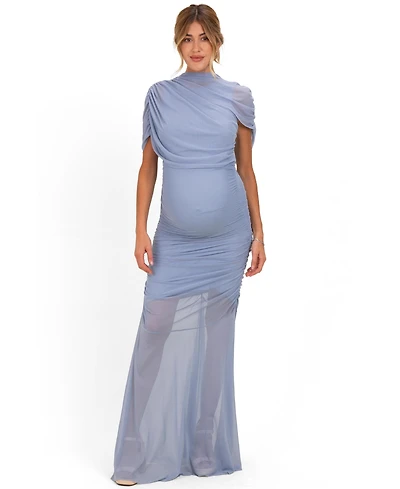 Pinkblush Women's Blue Draped Bodice Ruched Mesh Maxi Dress