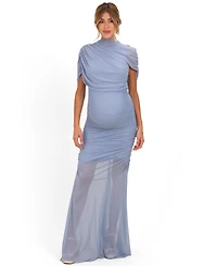 Pinkblush Women's Blue Draped Bodice Ruched Mesh Maxi Dress