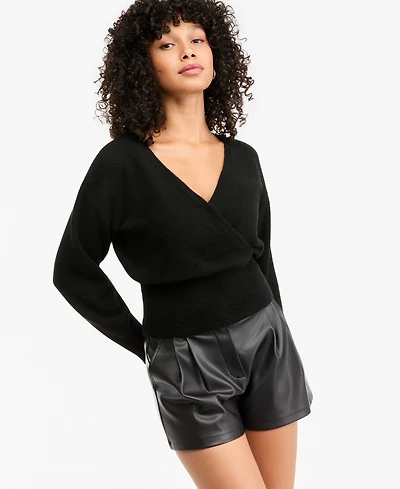 Bar Iii Women's Sculpted Surplice Long-Sleeve Ribbed-Knit Sweater, Macy's Exclusive