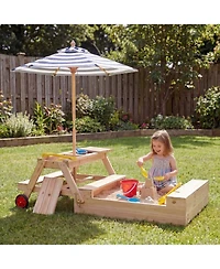 Sugift 2 in 1 Convertible Sandbox Picnic Table, Fir Wood with Adjustable Umbrella, Accommodates 3 Children, Ages 3+