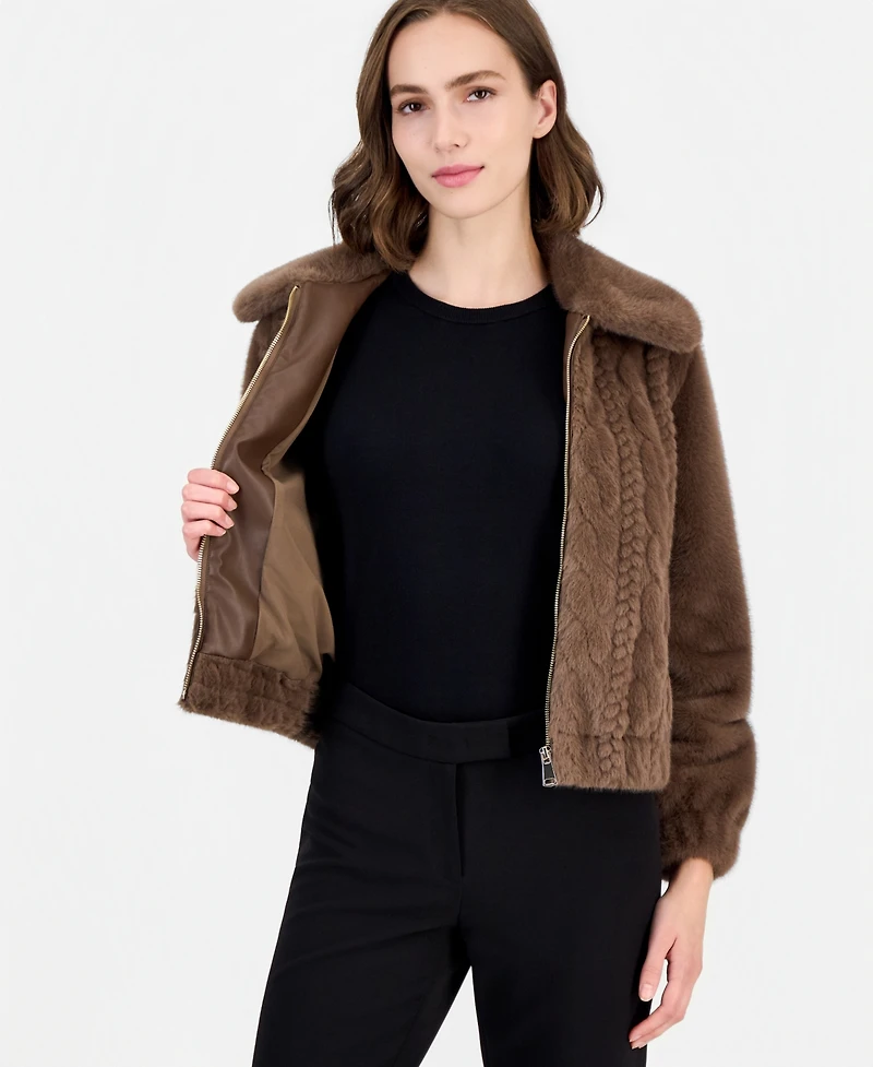 T Tahari Women's Cropped Buckled Faux Fur Coat