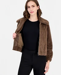 T Tahari Women's Cropped Buckled Faux Fur Coat