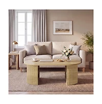 Coffee Table 39 Inch Oval Fluted Farmhouse Wood Center Table with Open Storage Shelf Mid Century Modern Boho for Living Room Home Office Small Space