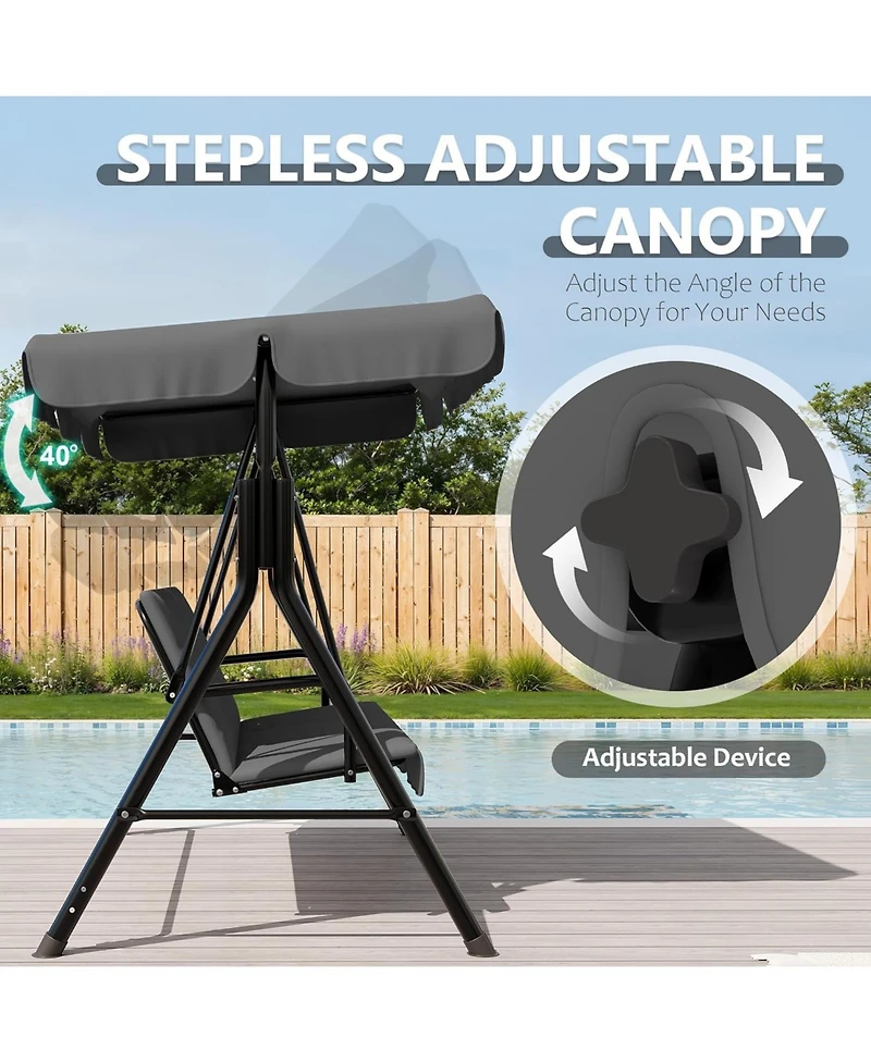 homfan Outdoor Porch Swing with Adjustable Canopy and Stand, 3-Seat Grey Patio Swing Chair for Garden