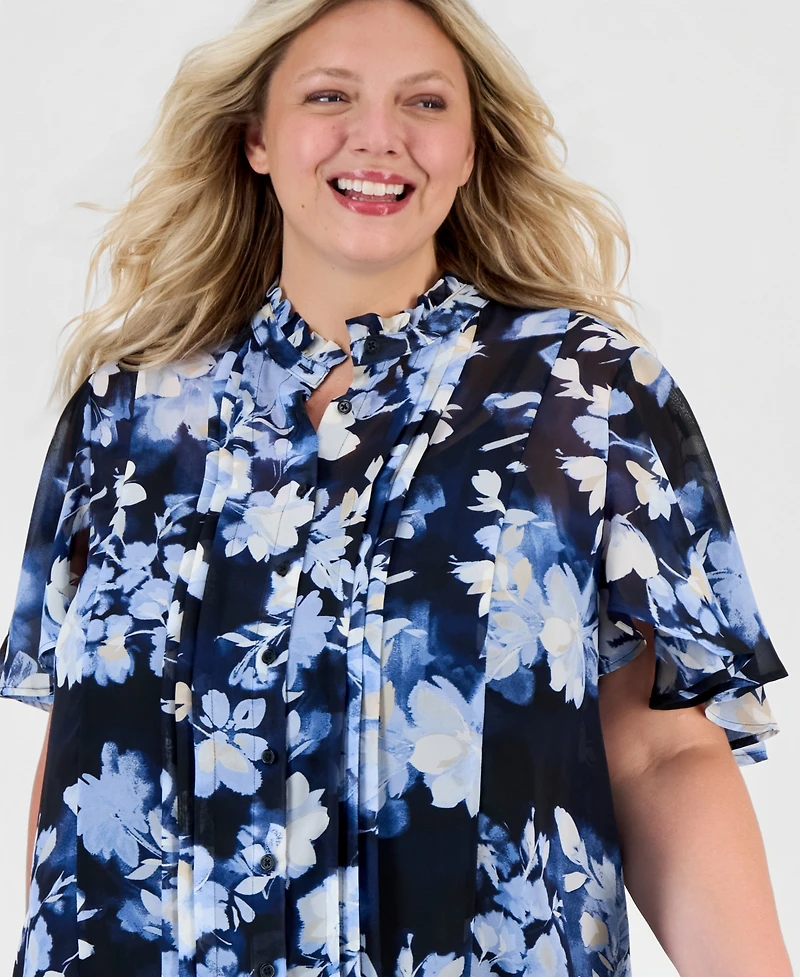 Anne Klein Plus Pleated-Placket Flutter-Sleeve Blouse