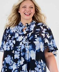 Anne Klein Plus Pleated-Placket Flutter-Sleeve Blouse