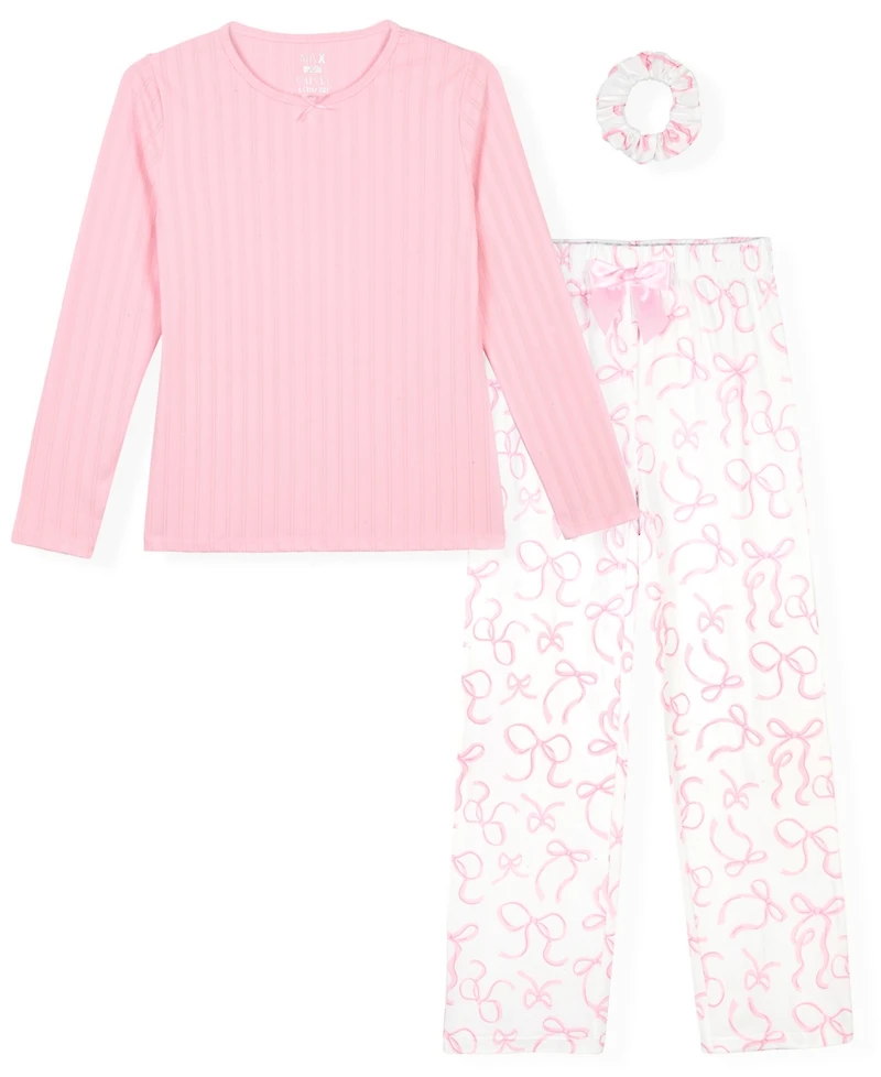 Max & Olivia Girls' 7-16 Rib Top, Milky Print Pants and Matching Scrunchie, 3-Piece Pajama Set
