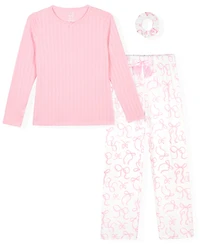 Max & Olivia Girls' 7-16 Rib Top, Milky Print Pants and Matching Scrunchie, 3-Piece Pajama Set