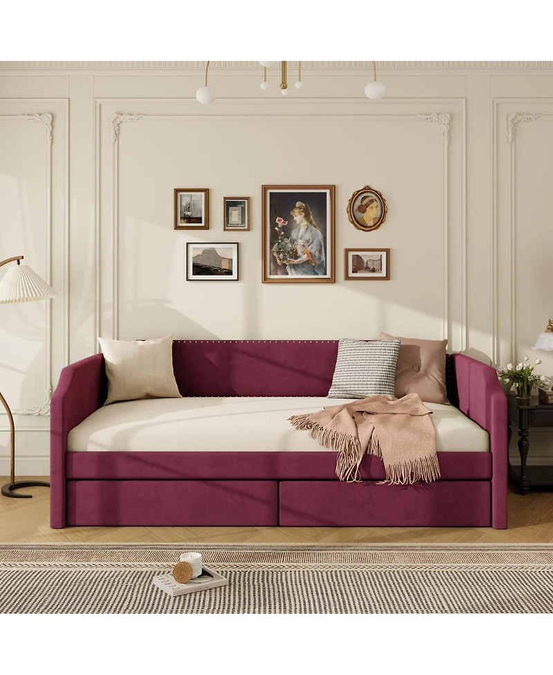 Streamdale Furniture Twin Size Velvet Upholstered Daybed with 2 Drawers