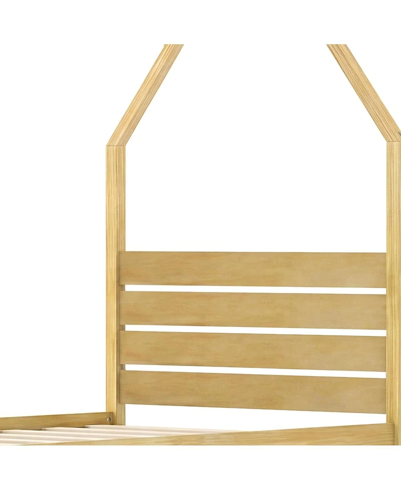 Streamdale Furniture Montessori Twin House Bed Frame with 2 Storage Drawers, Natural Wood