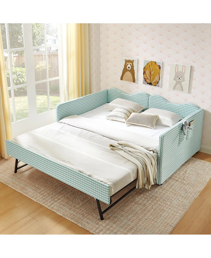 Streamdale Furniture Gingham Upholstered Full-Size Daybed with Trundle and Side Storage Pocket