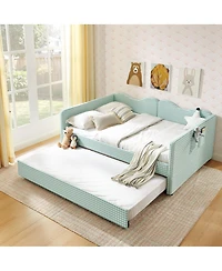 Streamdale Furniture Gingham Upholstered Full-Size Daybed with Trundle and Side Storage Pocket