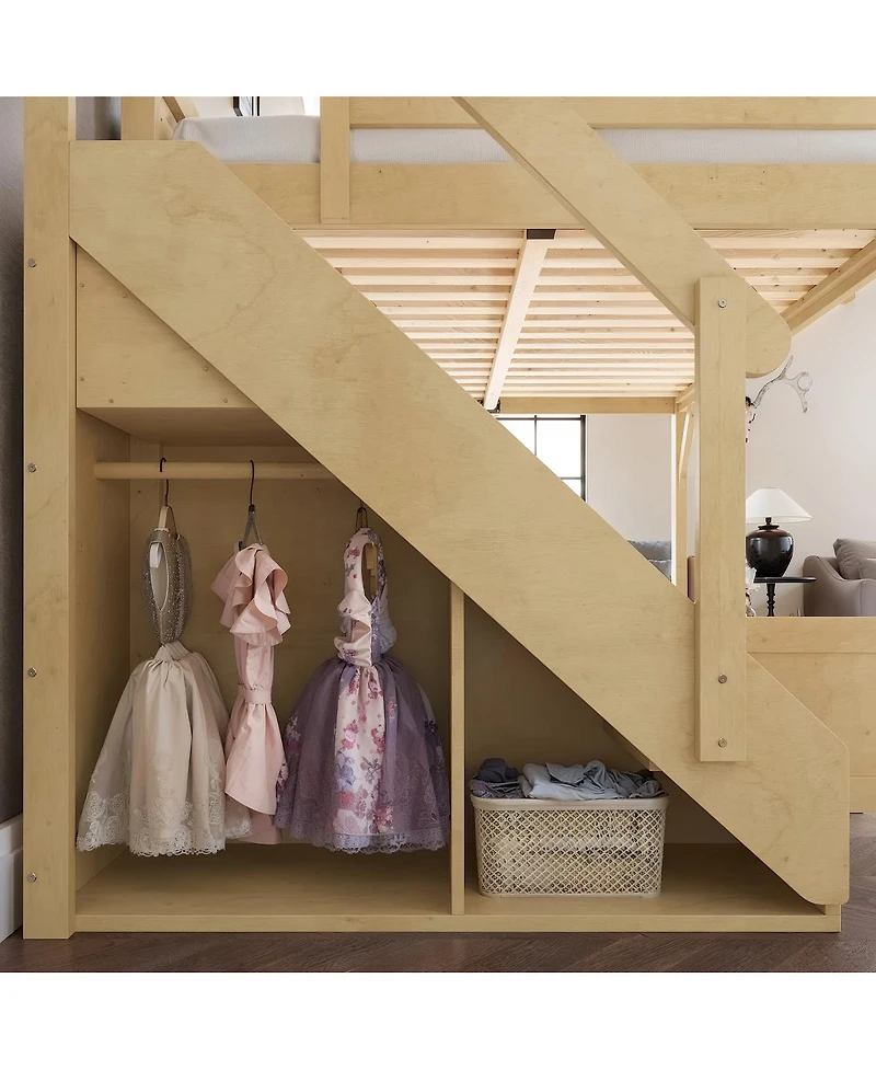 Streamdale Furniture Queen Size Solid Wood Loft Bed with Wardrobe, Storage, and Stairs