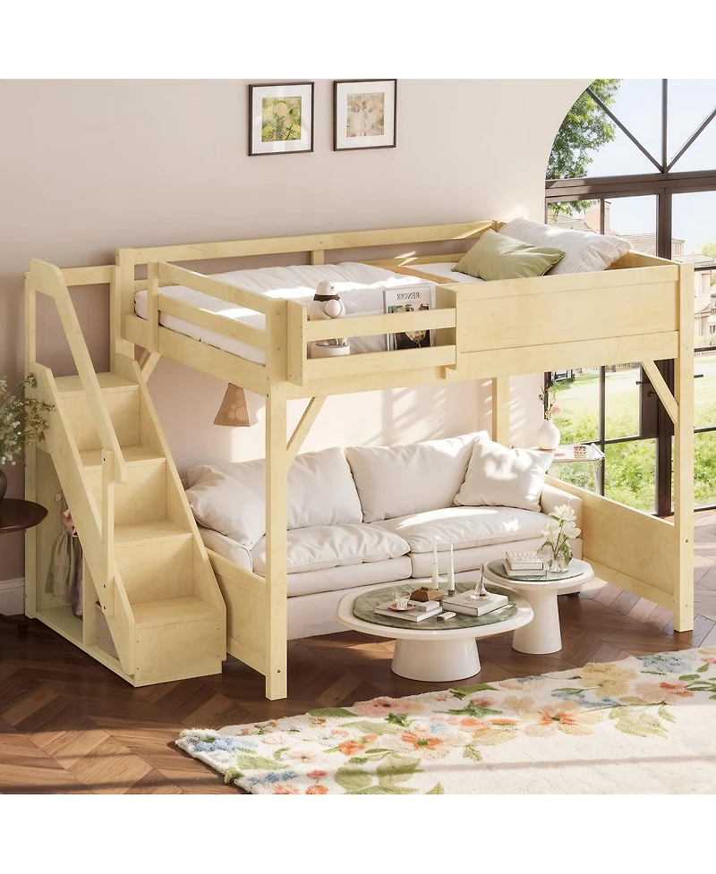 Streamdale Furniture Queen Size Solid Wood Loft Bed with Wardrobe, Storage, and Stairs