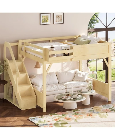 Streamdale Furniture Queen Size Solid Wood Loft Bed with Wardrobe, Storage, and Stairs
