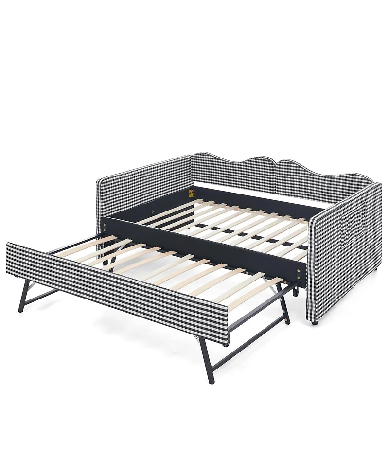 Streamdale Furniture Gingham Upholstered Full-Size Daybed with Trundle and Side Storage Pocket