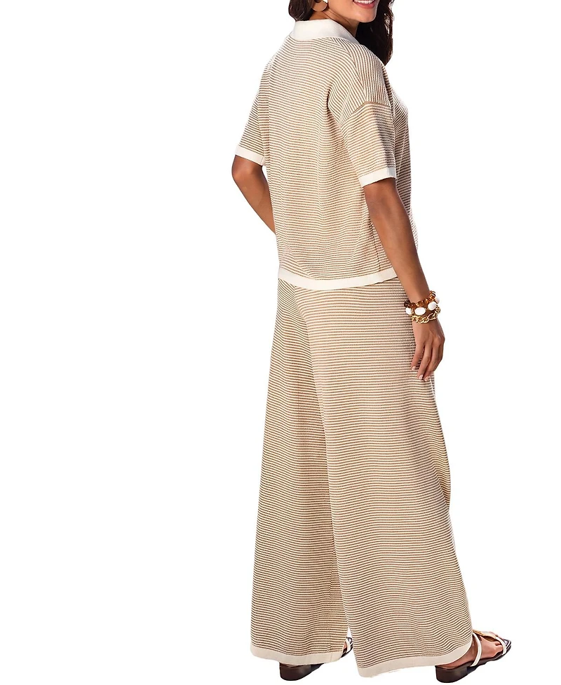 Cupshe Women's Sand Stripe Collared Knit Wide Leg Two Piece Set