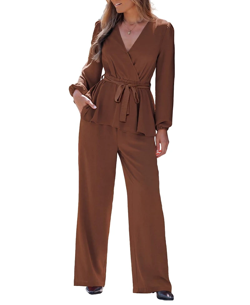 Cupshe Women's Elegant V-Neck Top and Wide-Leg Pants Matching Set