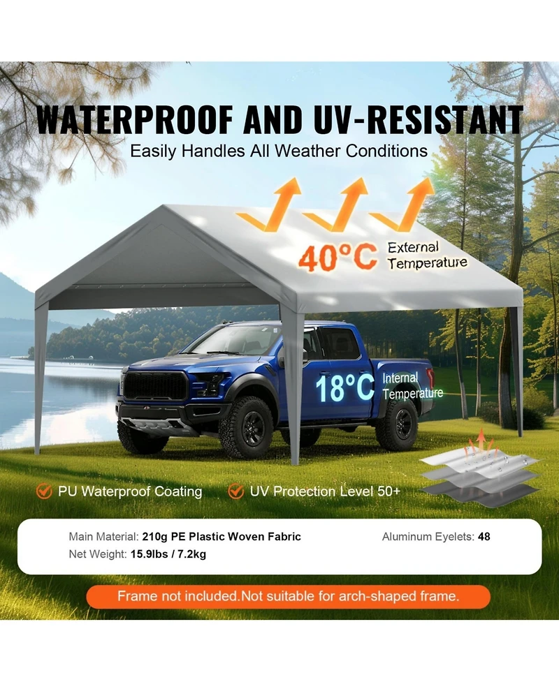 Yiortwo Replacement Carport Canopy Cover, Heavy Duty Waterproof Uv Top Tarp