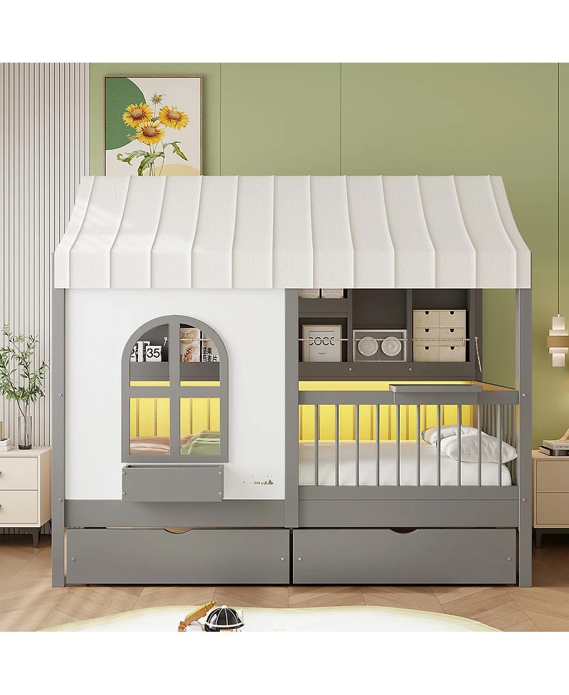Streamdale Furniture Twin Size House Bed with 2 Large Drawers, Side Bookshelf with Led Strip