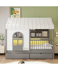 Streamdale Furniture Twin Size House Bed with 2 Large Drawers, Side Bookshelf with Led Strip