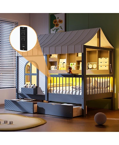 Streamdale Furniture Twin Size House Bed with 2 Large Drawers, Side Bookshelf with Led Strip