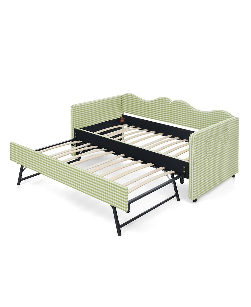 Streamdale Furniture Gingham Upholstered Twin Daybed with Trundle and Side Storage Pocket