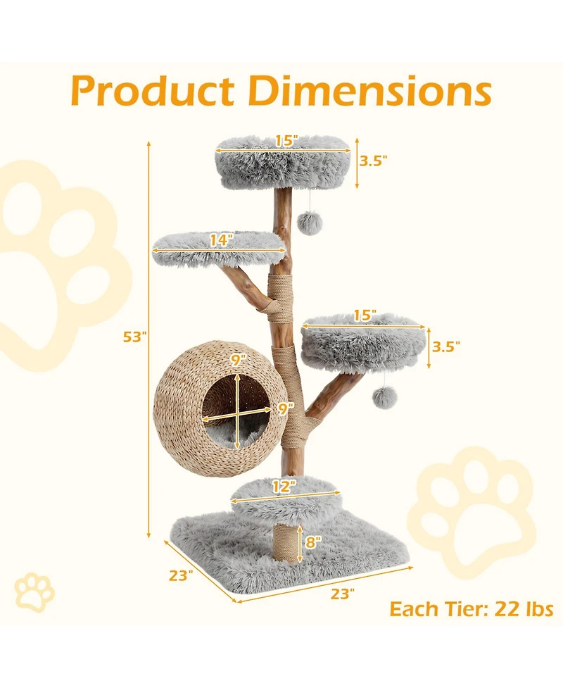 Gymax 5-Tier Cat Tree 53'' Wooden Tower With Woven Condo Plush Perches for Indoor