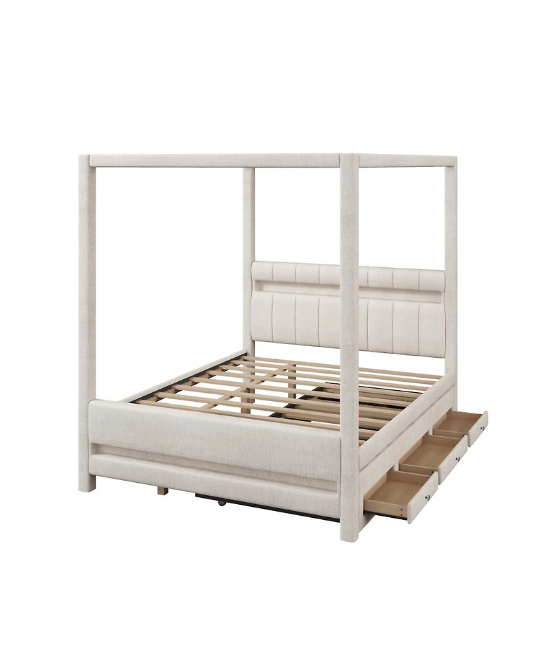 Streamdale Furniture Queen Upholstered Canopy Platform Bed with Led Lights, Trundle and 3 Drawers