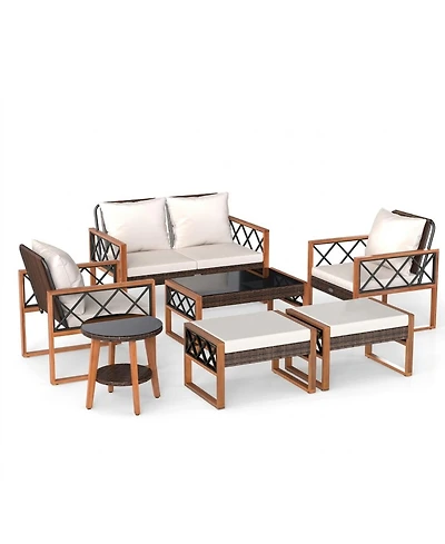 Sugift 7-Piece Pe Wicker Outdoor Sofa Set with Ottomans and Acacia Wood Accents