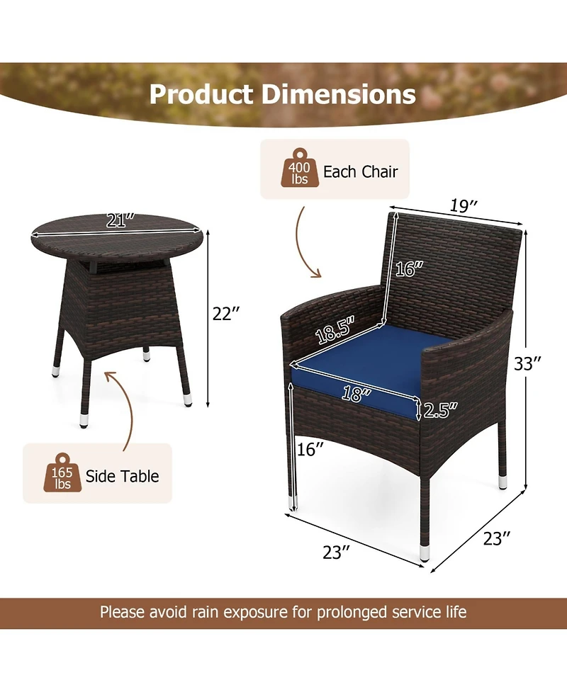 Sugift 3 Piece Patio Bistro Furniture Set with 2 Rattan Chairs and Round Side Table