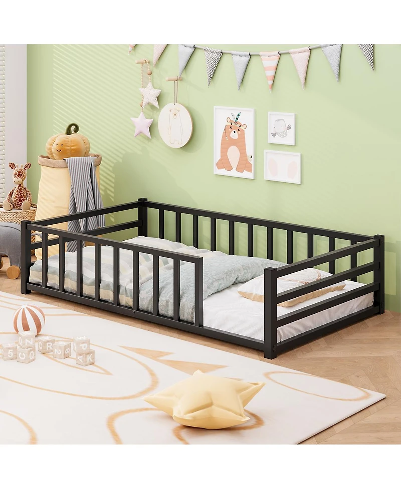 Streamdale Furniture Twin Size Metal Floor Bed with Guardrails