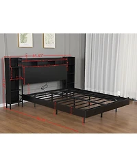 Streamdale Furniture Queen Floating Bed Frame with Led Lights, Usb Ports and Storage Headboard