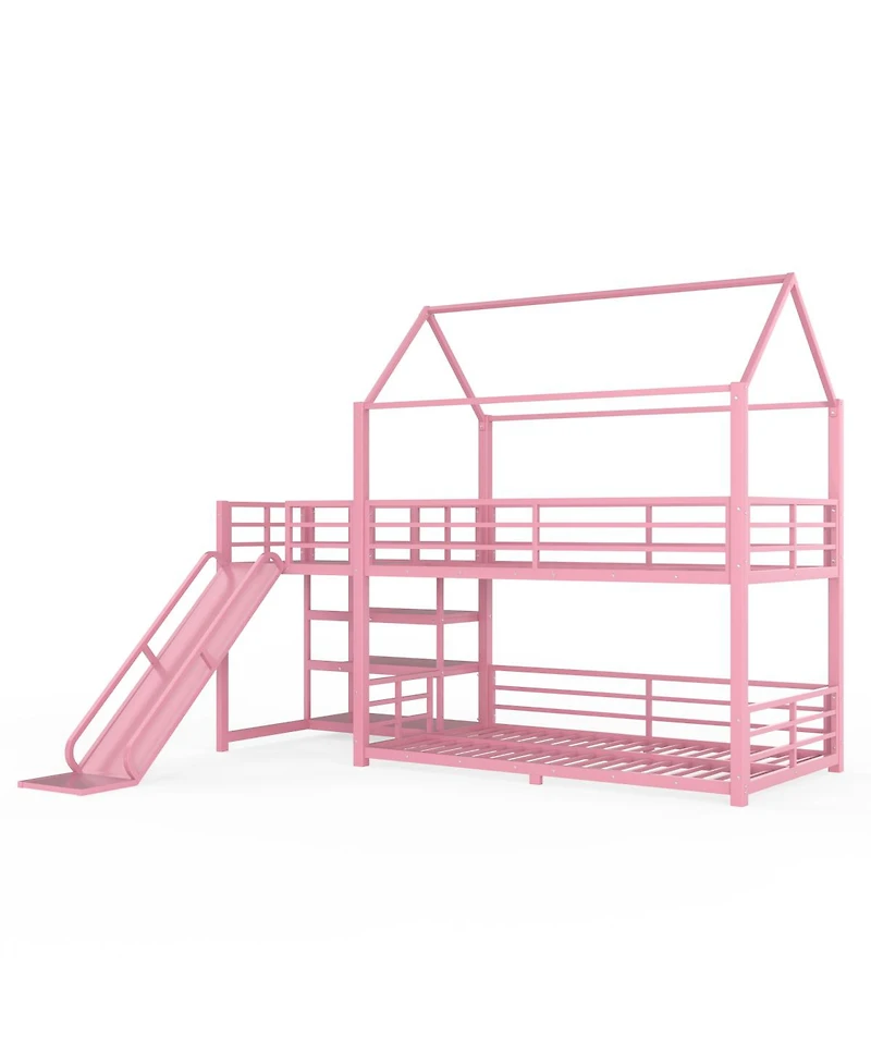 Streamdale Furniture Twin metal House Bunk Bed with Storage Stairs, Slide, Safety Rails