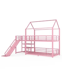 Streamdale Furniture Twin metal House Bunk Bed with Storage Stairs, Slide, Safety Rails