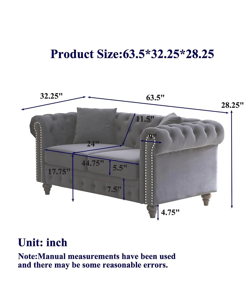 Streamdale Furniture 63.5" Modern Velvet Chesterfield Sofa with Button Tufting and 2 Pillows