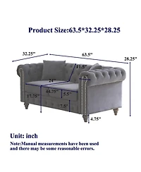 Streamdale Furniture 63.5" Modern Velvet Chesterfield Sofa with Button Tufting and 2 Pillows