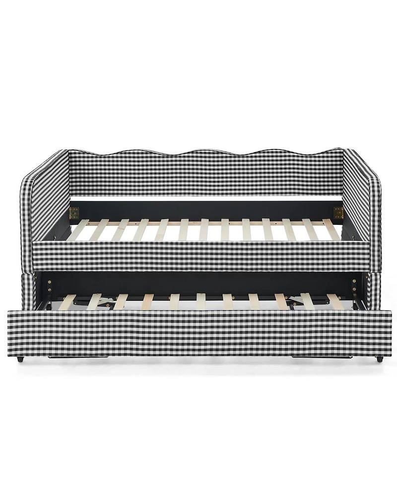 Streamdale Furniture Gingham Upholstered 3-in-1 Convertible Daybed with Trundle and Storage