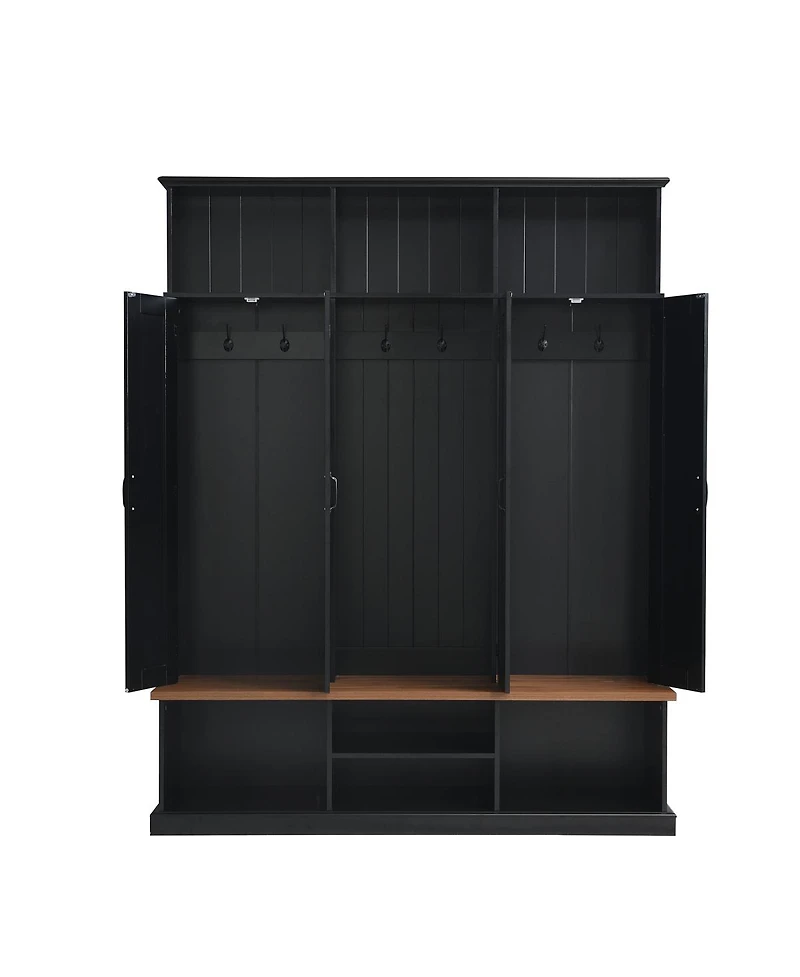 Streamdale Furniture 62.2''W Farmhouse Hall Tree with Bench, Storage Cubbies, Hooks and Cabinets