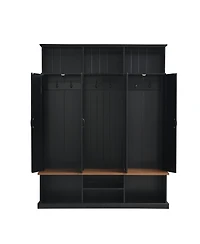 Streamdale Furniture 62.2''W Farmhouse Hall Tree with Bench, Storage Cubbies, Hooks and Cabinets
