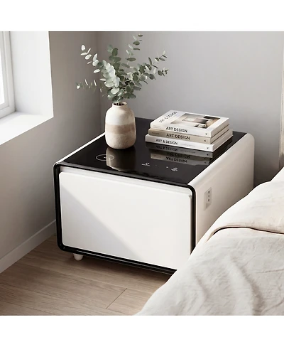 Streamdale Furniture Smart Side Table with Fridge, Wireless Charging, and Power Ports