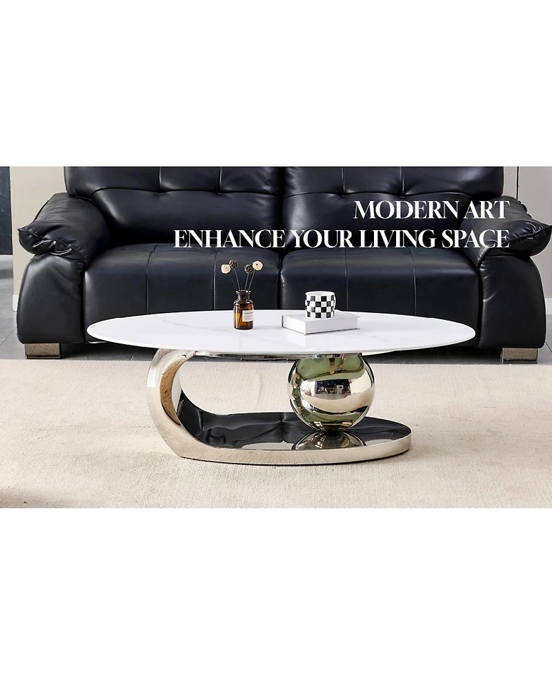 Streamdale Furniture 51.2" Oval Faux Marble Coffee Table with Silver Stainless Steel Base