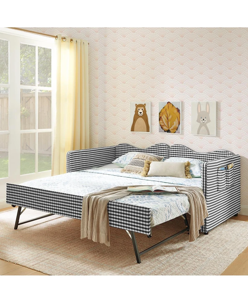 Streamdale Furniture Gingham Upholstered Twin Daybed with Trundle and Side Storage Pocket