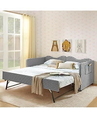 Streamdale Furniture Gingham Upholstered Twin Daybed with Trundle and Side Storage Pocket